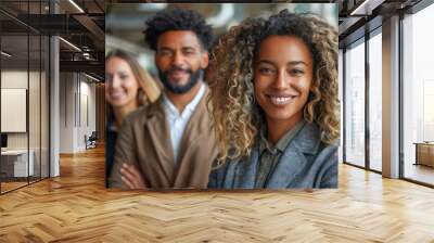 A diverse group of people pose for a photo, looking happy with various hairstyles and hats Wall mural