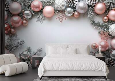 A festive Christmas wreath with pink and silver decorations on a clean, white background Wall mural