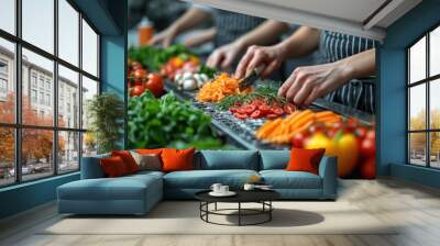 A group in the kitchen preparing natural foods and whole food ingredients Wall mural