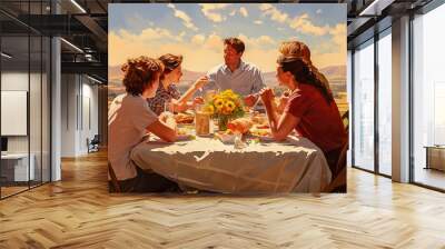 A group of friends celebrate a festive event outdoors at the table. Wall mural