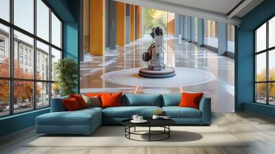 A machine cleans a marble floor in a building hallway with architectural elements Wall mural