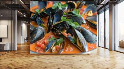 A pan filled with mussels in a delectable tomato sauce Wall mural