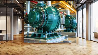 A row of green pumps is neatly arranged in a factory, showing the industrial production process Wall mural