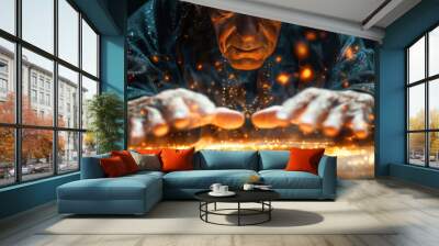 A skilled wizard is executing precise hand gestures to summon mystical abilities Wall mural