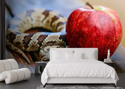 A snake is eating an apple on a wooden surface, creating a tranquil and beautiful scene Wall mural