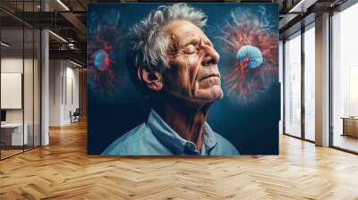 An old gray-haired man has hallucinations, headaches, warning signs of a stroke. Wall mural