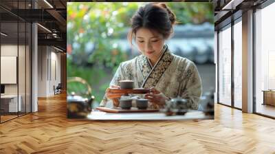 Asian woman wearing kimono preparing tea ceremony Wall mural