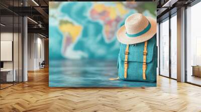 Backpack and straw hat leaning on world map representing travel plans Wall mural