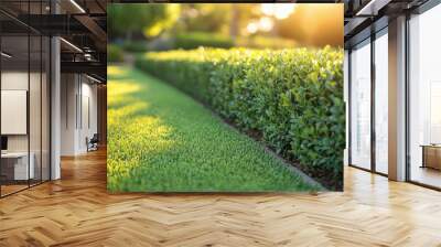 Beautiful garden with freshly cutted bushes and green grass illuminated by setting sun Wall mural