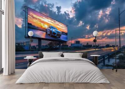 busy highway at sunset with blank billboard and city skyline at night Wall mural