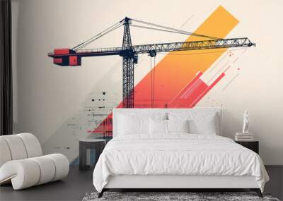 Construction crane dominating the skyline of a modern city with abstract geometric shapes Wall mural