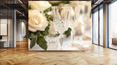 Elegant table setting with crystal glasses and white roses for a festive meal Wall mural