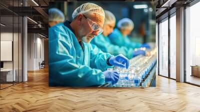 Employees of a drug manufacturing plant checking products on the conveyor belt Wall mural