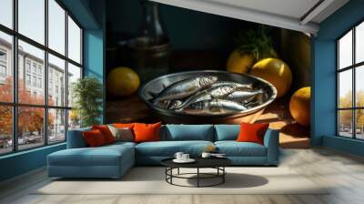 Fresh sardines in a bowl and lemon on the kitchen table. Light from the window. Generative artificial intelligence. Wall mural