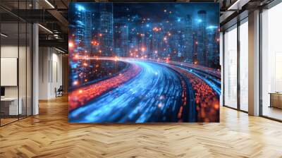 Futuristic highway leading to digital city with data flowing Wall mural