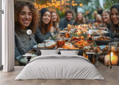 Group of friends enjoying a festive dinner together outdoors at sunset Wall mural