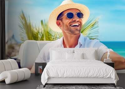 Happy man rides in a convertible. Wall mural