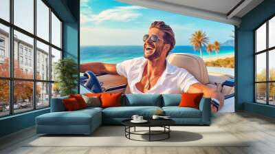 Happy man rides in a convertible. Wall mural