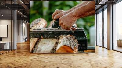 Man using chainsaw to cut wood for grilling churrasco food Wall mural