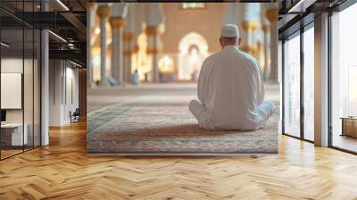 Muslim man praying sitting on carpet in mosque Wall mural