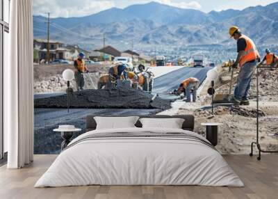 road construction crew paving new asphalt on roadbed in las vegas, nevada, usa Wall mural