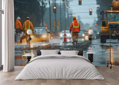 Road construction workers in yellow raincoats improving infrastructure during heavy rainstorm Wall mural