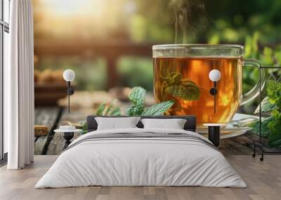 Steaming cup of herbal tea with fresh mint leaves on a rustic wooden table Wall mural