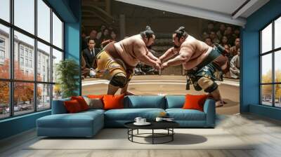 sumo wrestlers compete in a ring at a sports venue Wall mural