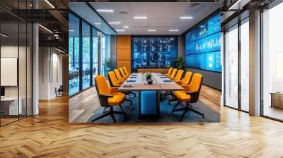 There is a conference room featuring a lengthy table surrounded by bright yellow chairs Wall mural