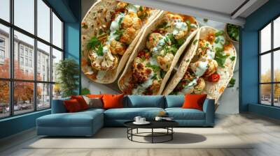 Three cauliflower tacos are featured in a closeup shot on a wooden cutting board Wall mural