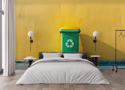 Waste container placed in front of a yellow wall in the green grass area Wall mural