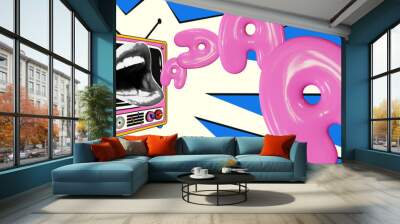 Horizontal banner in retro collage style. From a vintage TV, women's lips with a halftone effect, a cry from pink blown 3D letters. Crazy screaming banner. Wall mural