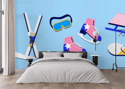 Set of accessories for winter sports in flat style, minimalism. Vector illustration of skates, sleigh, snowboard, skis, hockey and other elements. Wall mural