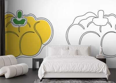 Two contour squash drawn by one solid line with and without substrates of yellow and green colors on a white background. Vector. Wall mural