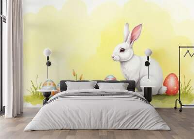 A cute white rabbit sits beside colorful decorated Easter eggs in a sunny meadow setting during the spring season Wall mural