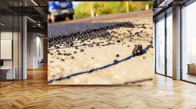 A large layer of fresh hot asphalt. Road construction. Construction of a new road Wall mural