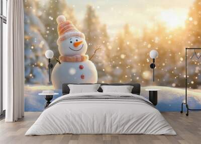 Cheerful snowman wearing a hat and scarf stands in a snowy landscape as snowflakes fall, capturing the essence of winter in the morning light Wall mural