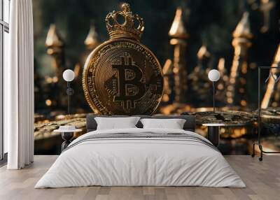 Golden Bitcoin coin displayed prominently among shining coins with a stylized crown, highlighting its value in the cryptocurrency market Wall mural