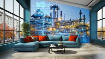 Industrial facility with advanced technology and digital overlay during twilight hours Wall mural