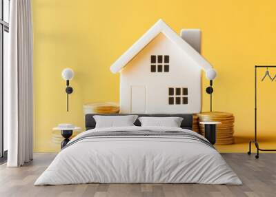 Model house placed on stacked coins with a bright yellow background showcasing the concept of investment and savings Wall mural