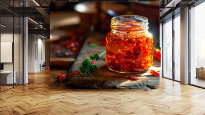 Chili oil in a jar. Selective focus. Wall mural