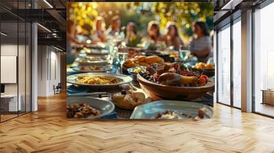 Food outside on tables in the garden. Selective focus. Wall mural