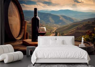 Glass of wine, winery concept background in garden vineyards soft focus. Generative AI, Wall mural