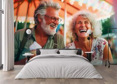 happy gray-haired elderly retired couple laughs, smiles in an amusement park during a festival. Generative AI, Wall mural