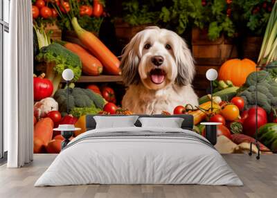 Healthy food concept for dogs, dog sitting under vegetables. Generative AI, Wall mural