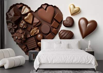 Heart shaped chocolate candies isolate on white background. Generative AI, Wall mural