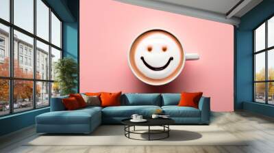 latte coffee in a cup minimalism smile pink background. Generative AI. Wall mural