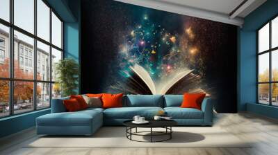 Magic book with open antique pages and abstract bokeh lights glowing on dark background. Generative AI, Wall mural