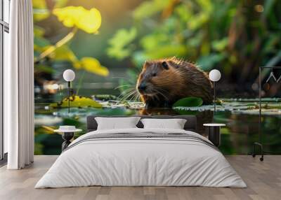 muskrat in the river in nature. Selective focus. Wall mural