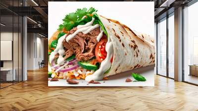 Shawarma with meat and vegetables on a white background isolate. Generative AI, Wall mural